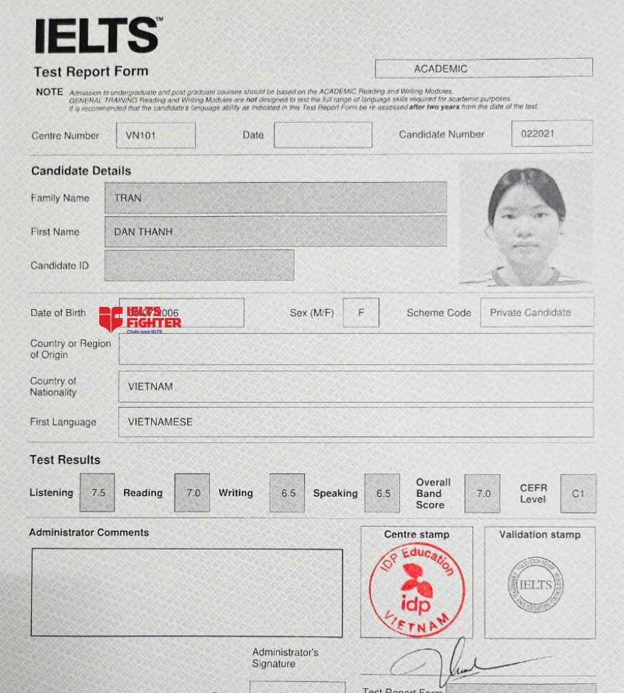 chứng chỉ Trần Đan Thanh 7.0 IELTS