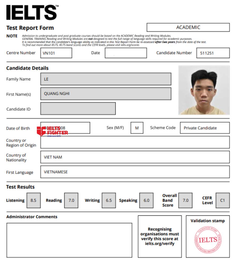 chứng chỉ Lê Quang Nghị 7.0 IELTS