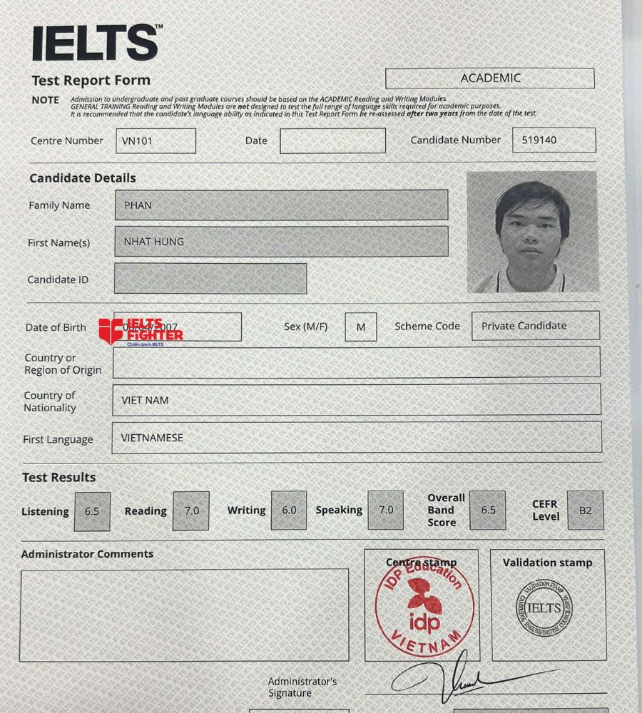 chứng chỉ Phan Nhật Hưng 7.0 IELTS