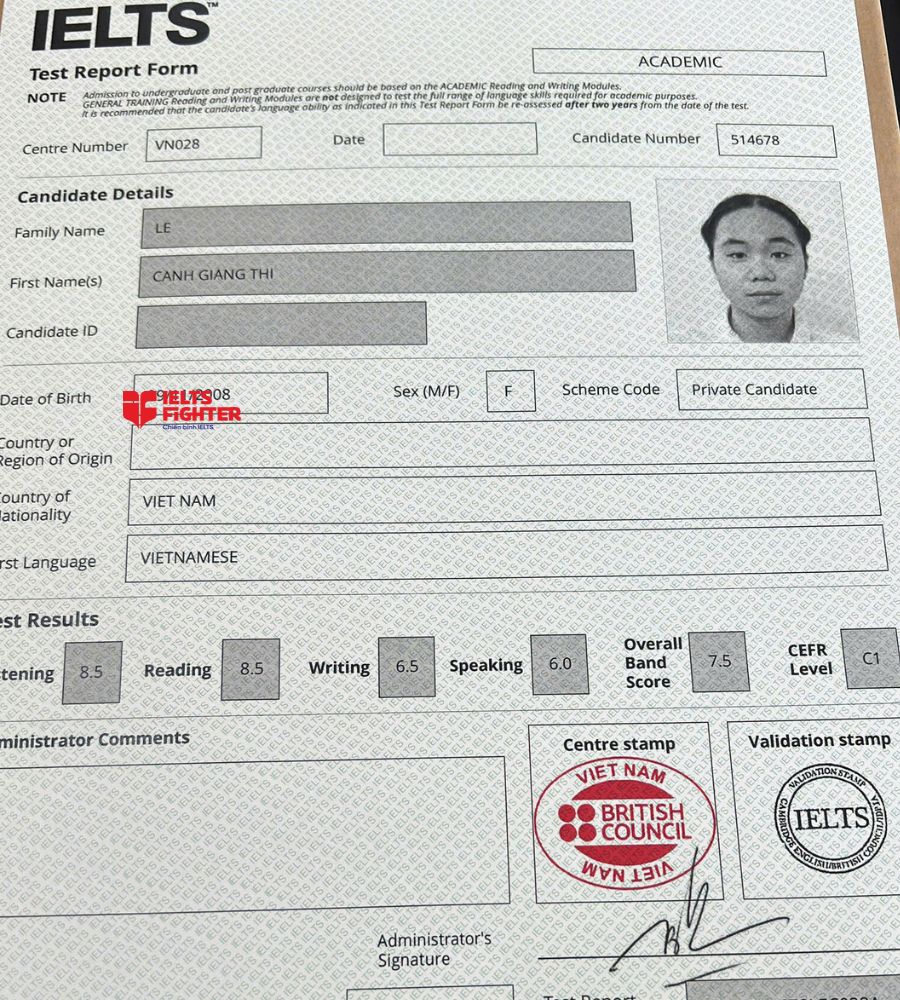 Chứng chỉ Lê Cảnh Giang Thi 7.0 IELTS