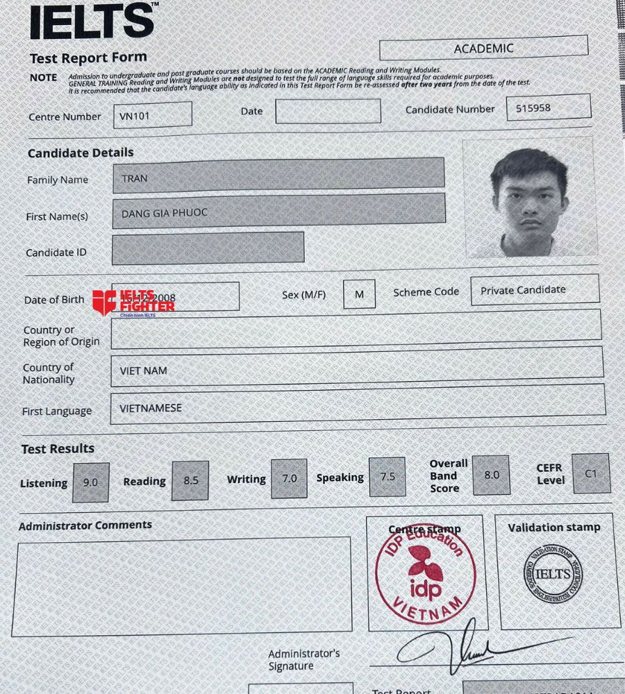 chứng chỉ Trần Đặng Gia Phước 8.0 IELTS