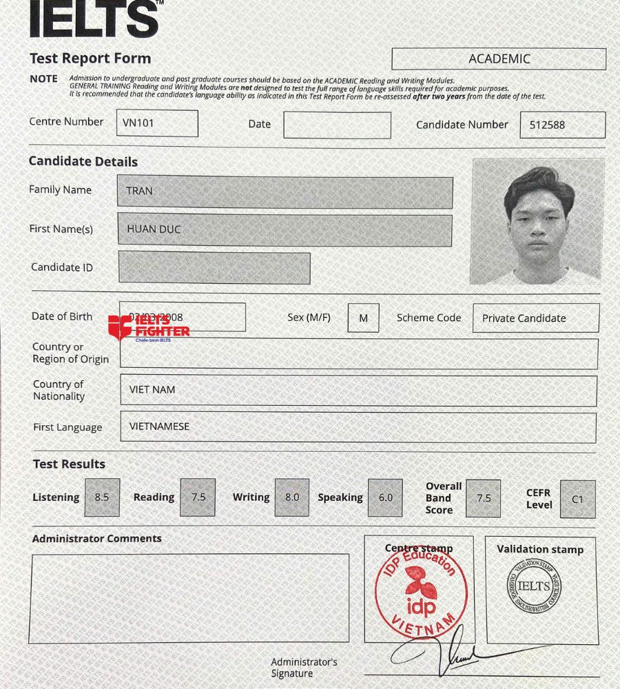 chứng chỉ Trần Huấn Đức 7.5 IELTS