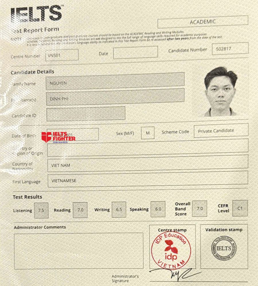 Chứng chỉ Nguyễn Đình Phi 7.0 IELTS
