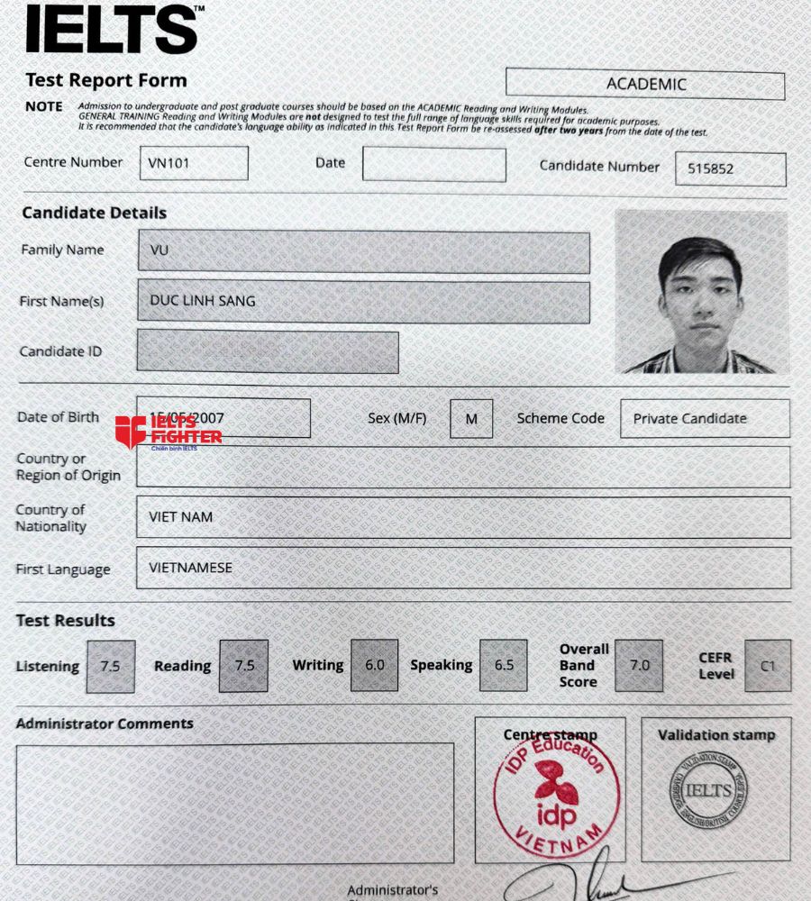 chứng chỉ Vũ Đức Linh Sang  7.0 IELTS