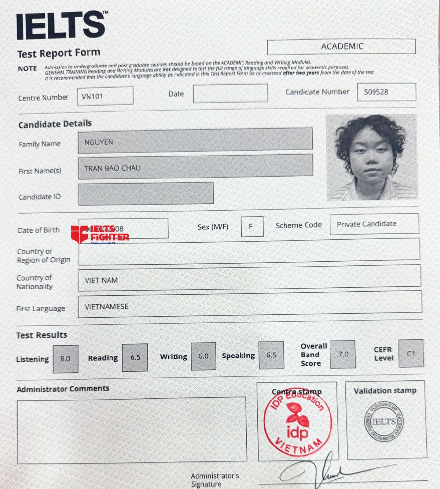 Chứng chỉ Nguyễn Trần Bảo Ch&acirc;u 7.0 IELTS