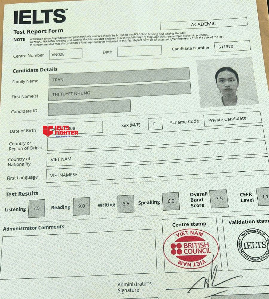 chứng chỉ Trần Thị Tuyết Nhung   7.5 IELTS