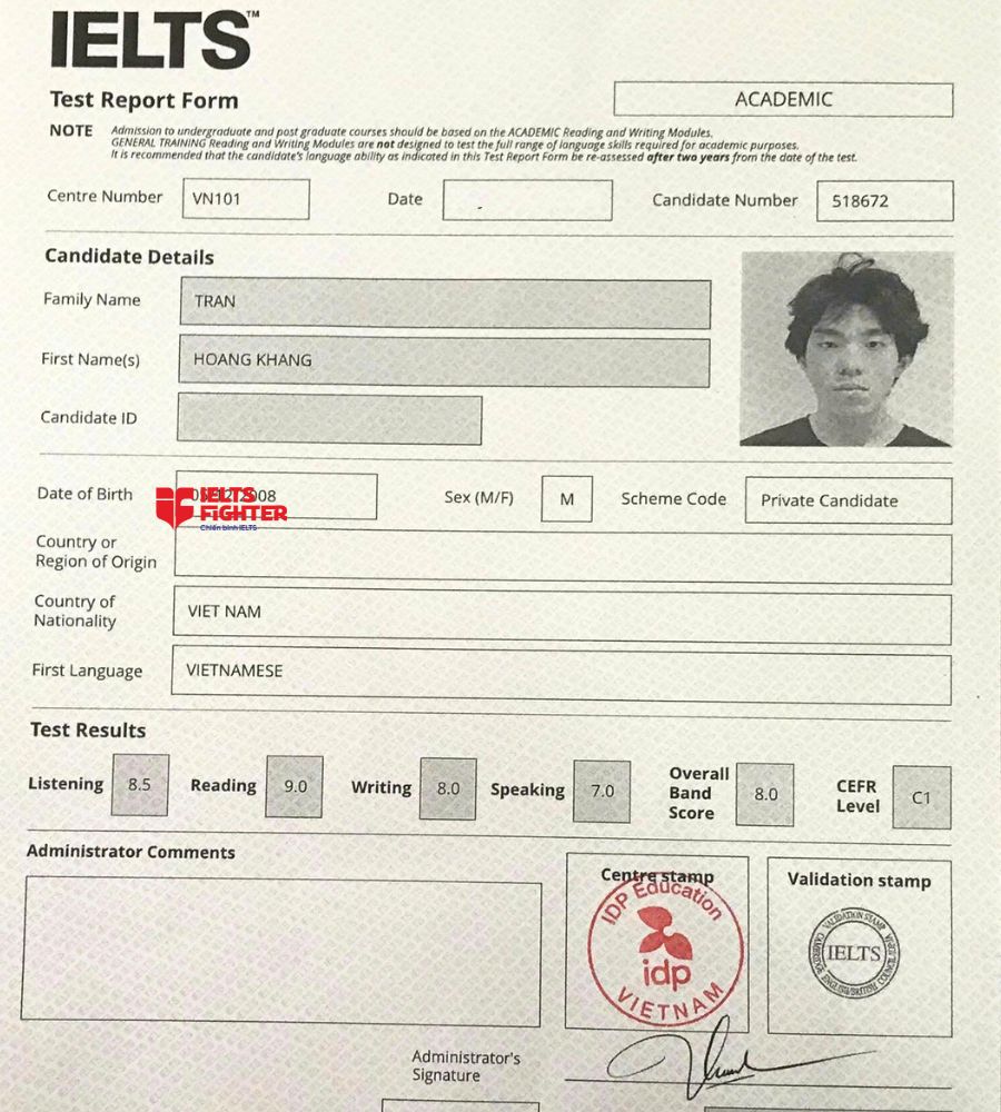 chứng chỉ Trần Ho&agrave;ng Khang  8.0 IELTS