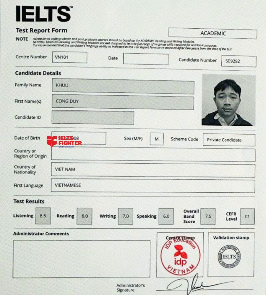 chứng chỉ Khưu C&ocirc;ng Duy 7.5 IELTS
