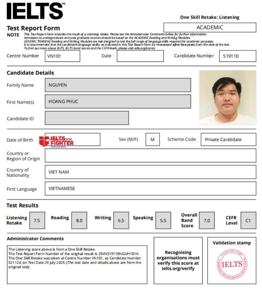 chứng chỉ Nguyễn Ho&agrave;ng Ph&uacute;c 7.0 IELTS