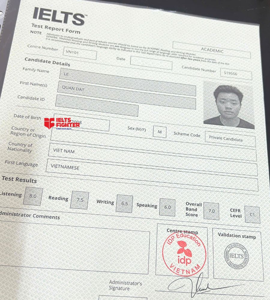 chứng chỉ Lê Quân Đạt 7.0 IELTS
