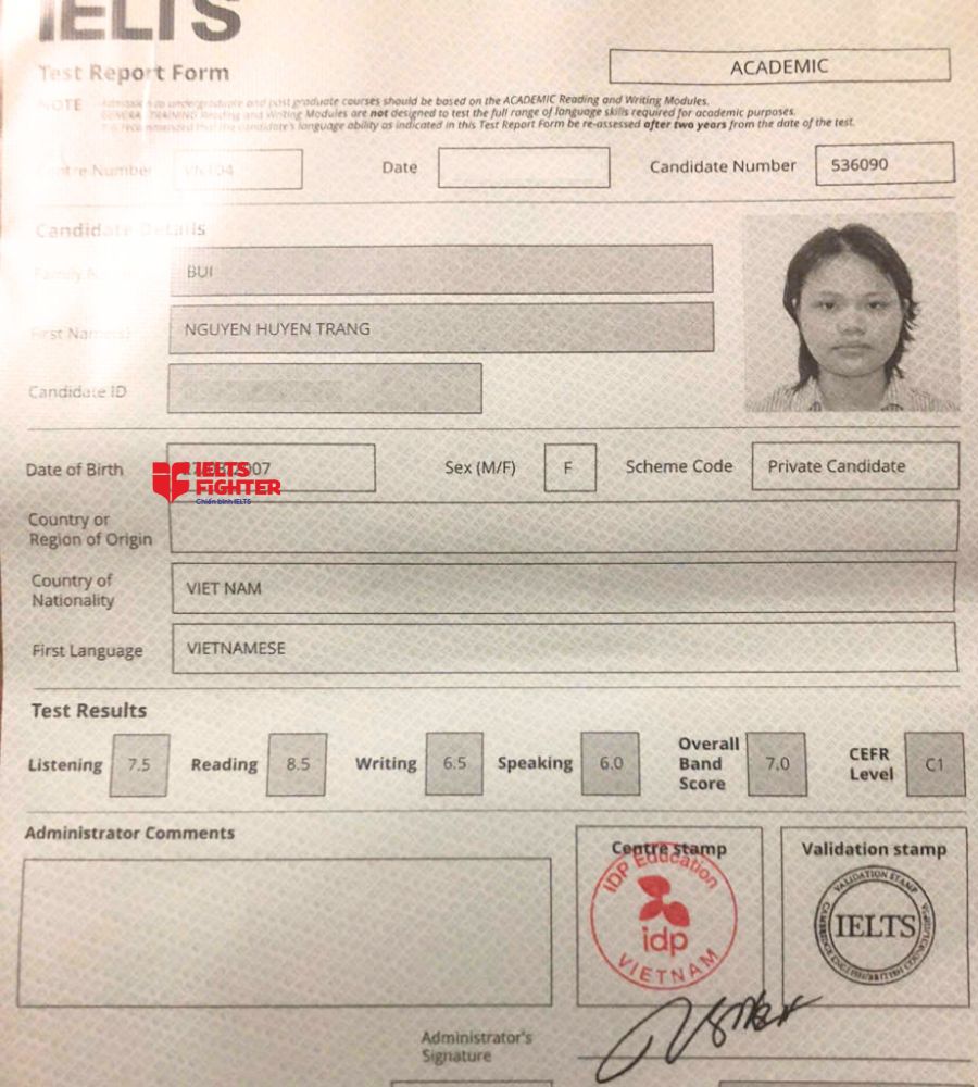 chứng chỉ B&ugrave;i Nguyễn Huyền Trang  7.0 IELTS