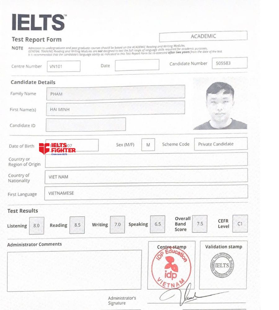chứng chỉ Phạm Hải Minh 7.5 IELTS