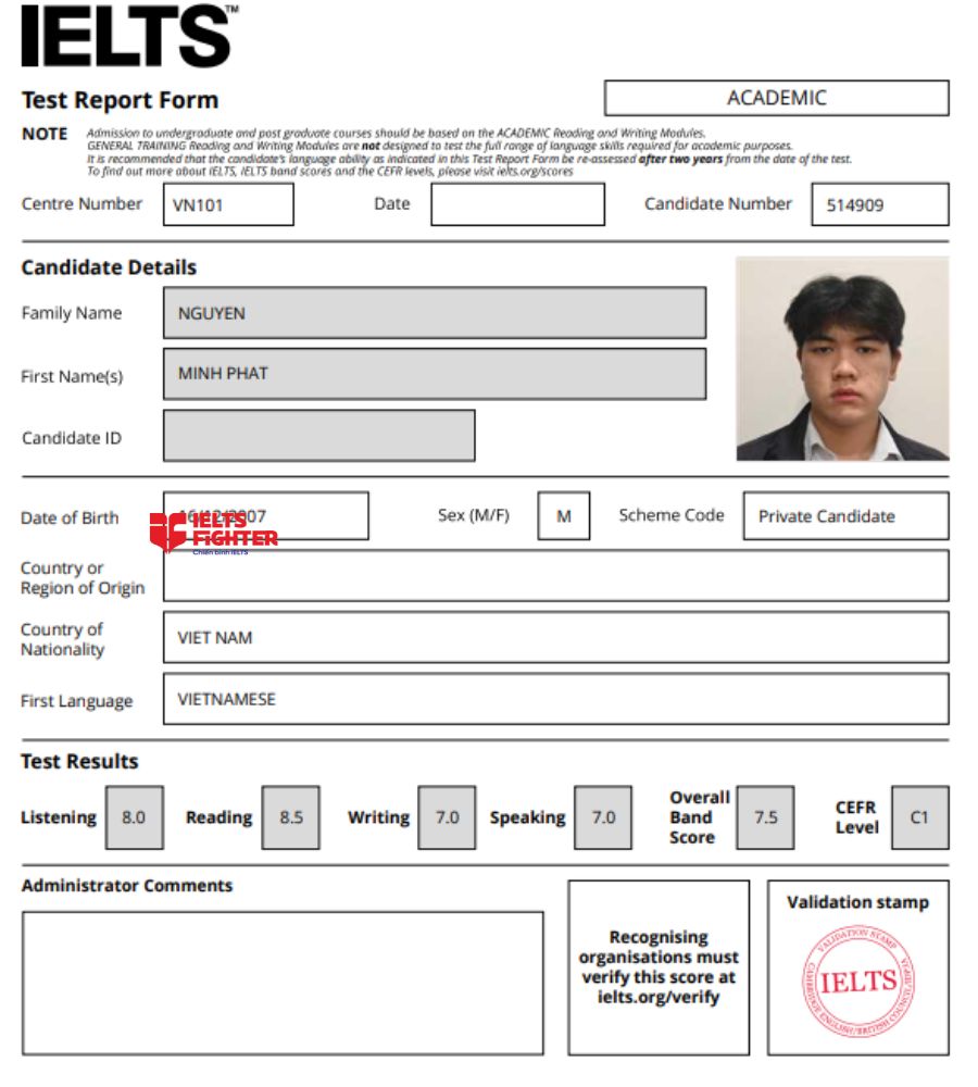 chứng chỉ Nguyễn Minh Ph&aacute;t  7.5 IELTS