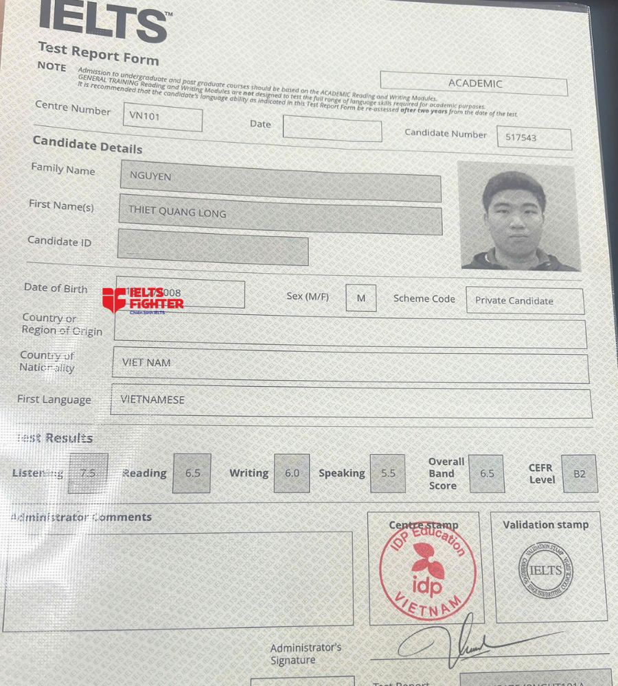 chứng chỉ Nguyễn Thiết Quang Long  6.5 IELTS