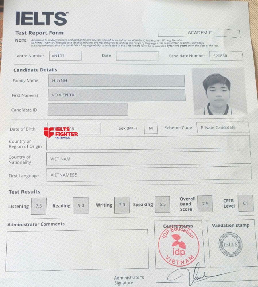 chứng chỉ Huỳnh V&otilde; Viễn Tri  7.5 IELTS
