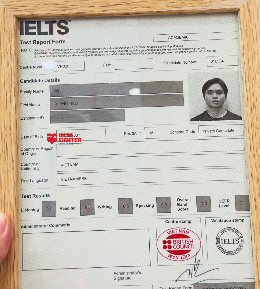 chứng chỉ V&otilde; Quang H&agrave;o  7.0 IELTS