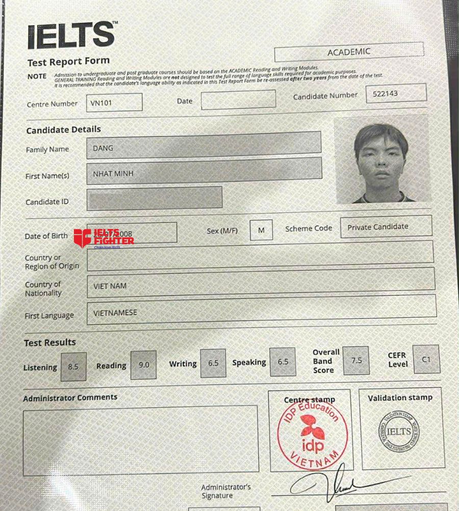 chứng chỉ Đặng Nhật Minh  7.5 IELTS