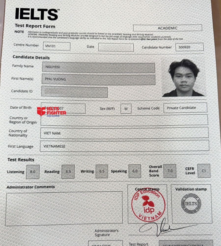 chứng chỉ Nguyễn Ph&uacute; Vương  7.0 IELTS
