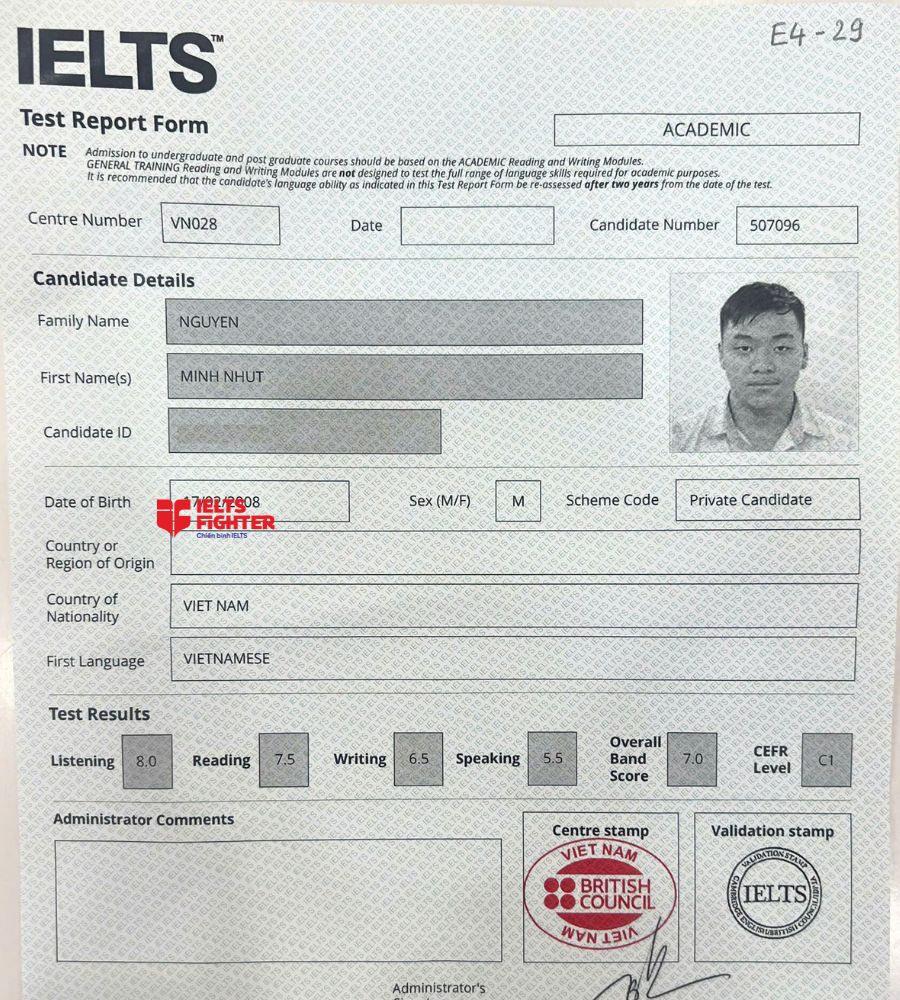 chứng chỉ Nguyễn Minh Nhựt 7.0 IELTS