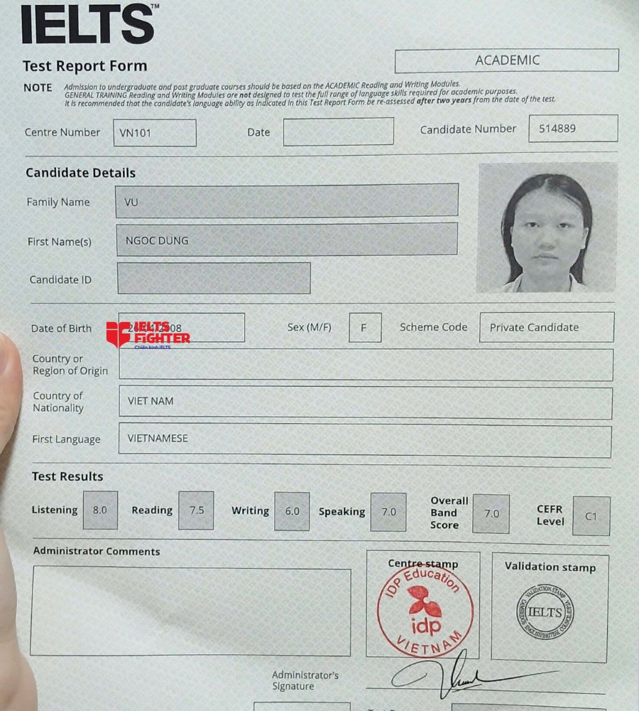 chứng chỉ Vũ Ngọc Dung 7.0 IELTS