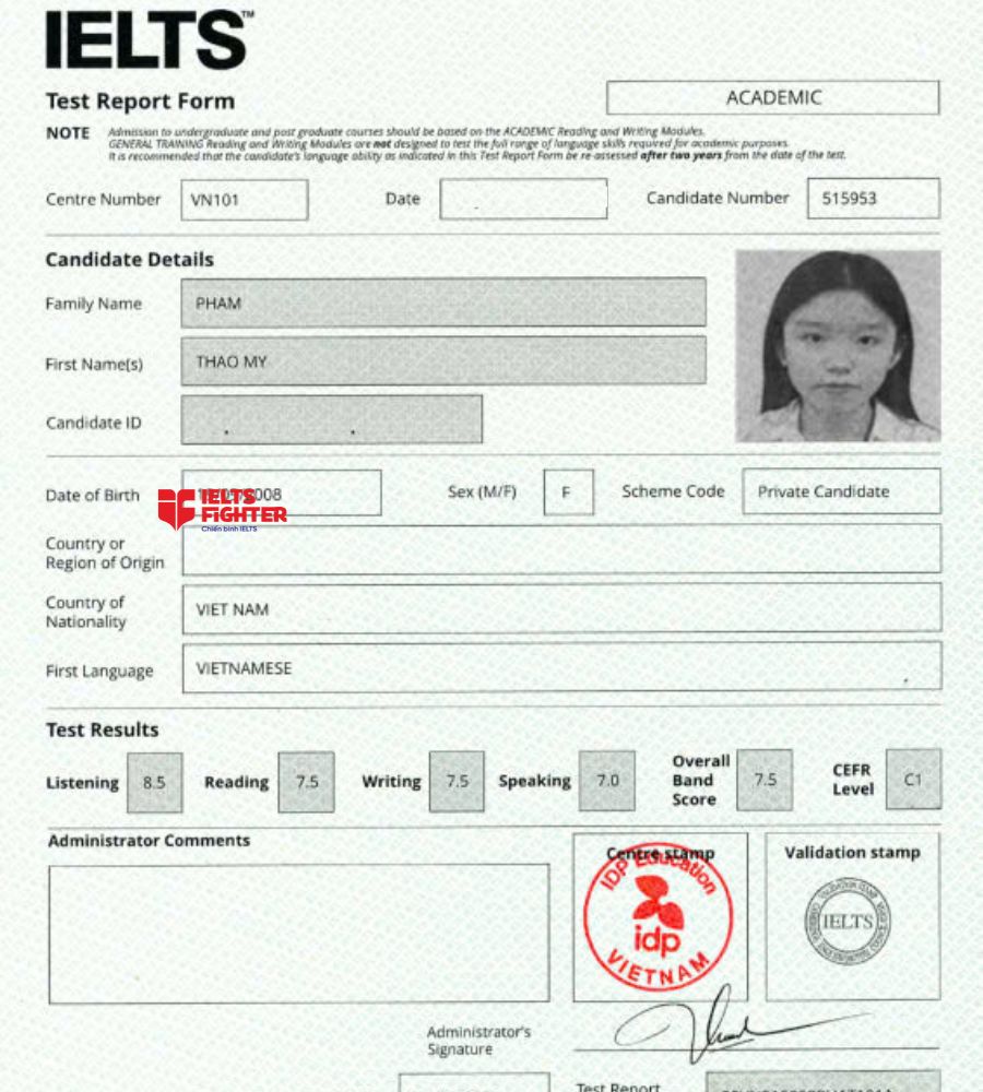 chứng chỉ Phạm Thảo My 7.5 IELTS