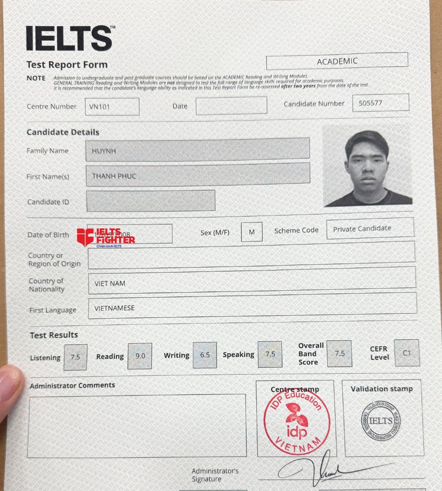 chứng chỉ Huỳnh Thanh Ph&uacute;c 7.0 IELTS