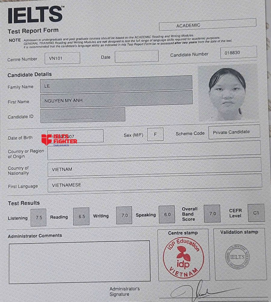 chứng chỉ L&ecirc; Nguyễn Mỹ &Aacute;nh 7.0 IELTS