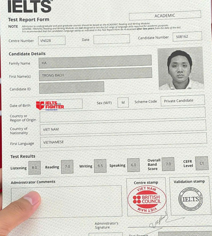 chứng chỉ Hà Trọng Bách 7.0 IELTS