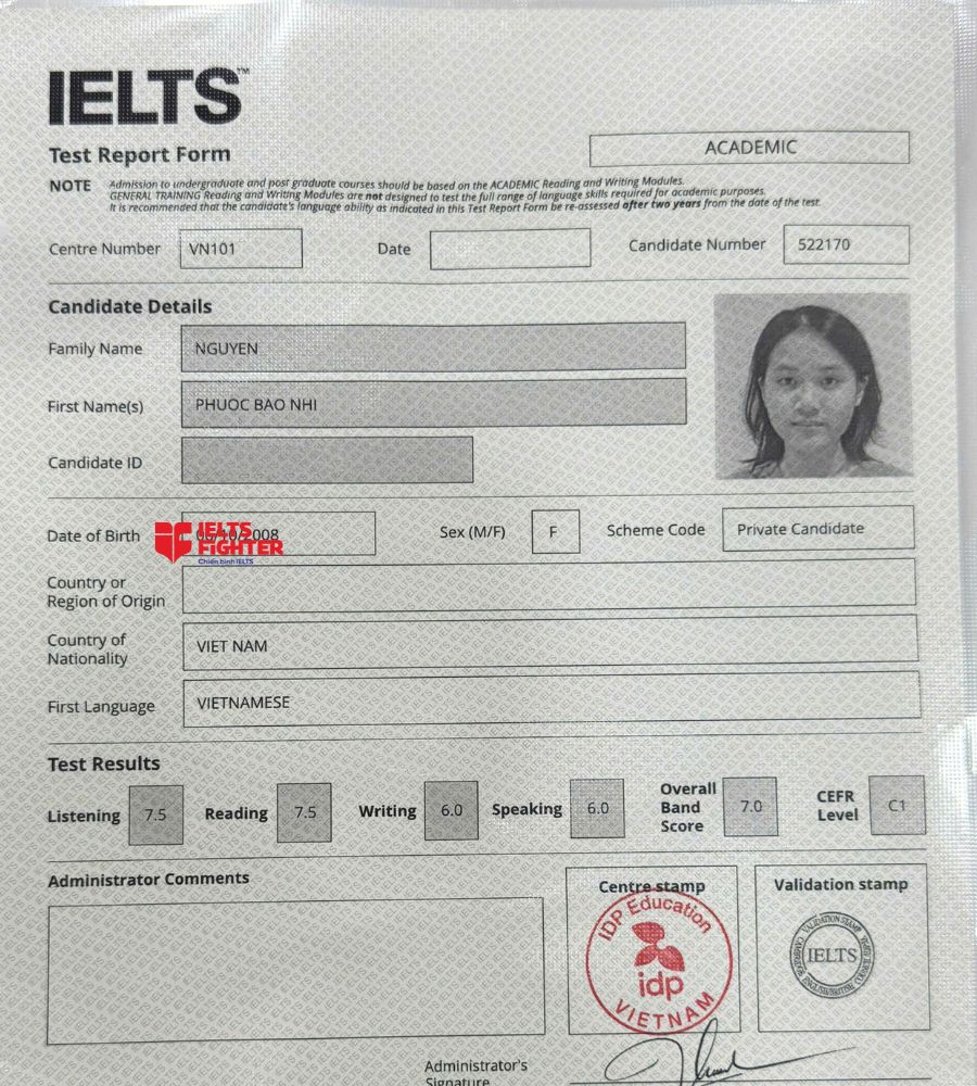chứng chỉ Nguyễn Phước Bảo Nhi 7.0 IELTS