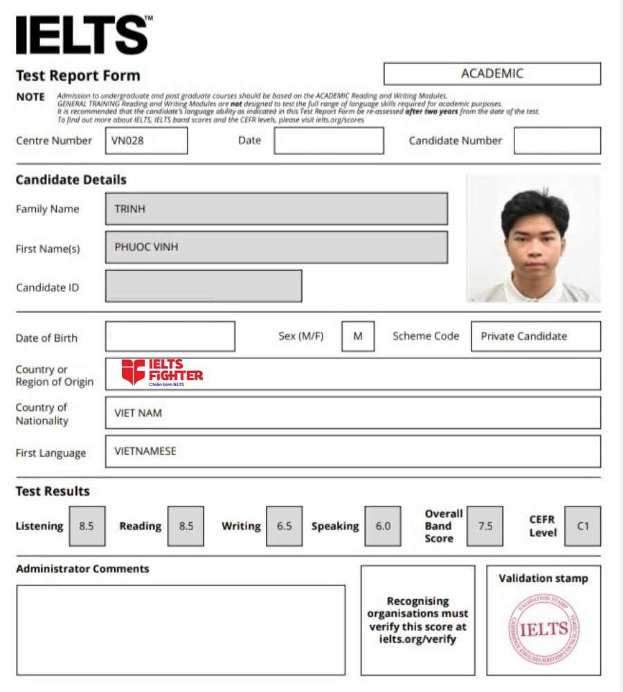 Chứng chỉ Trịnh Phước Vinh 7.5 IELTS