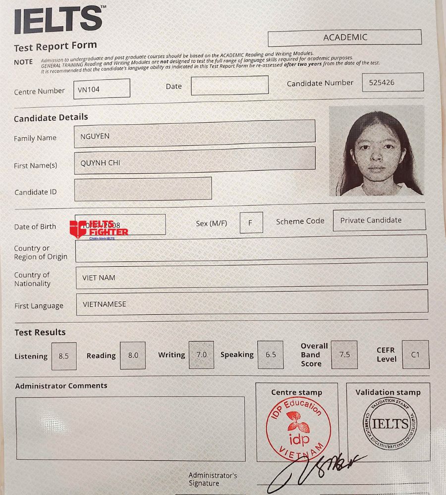 chứng chỉ Nguyễn Quỳnh Chi 7.5 IELTS