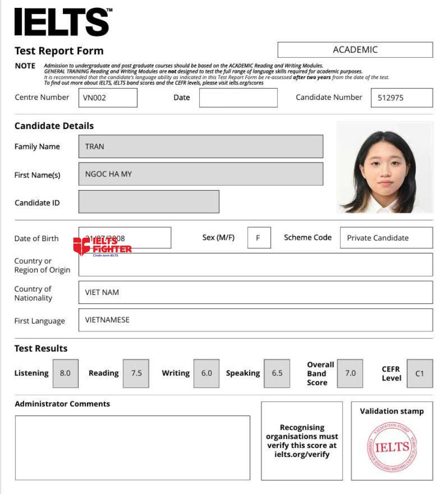 Chứng chỉ Trần Ngọc H&agrave; My 7.0 IELTS