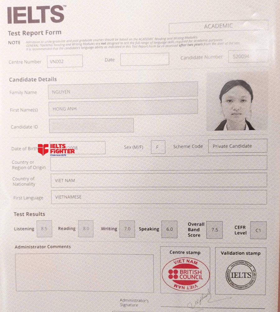 chứng chỉ Nguyễn Hồng Anh 7.5 IELTS
