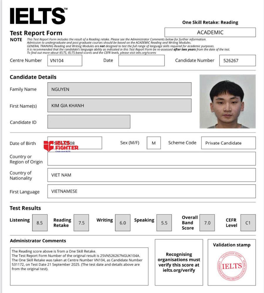 chứng chỉ Nguyễn Kim Gia Kh&aacute;nh  7.0 IELTS