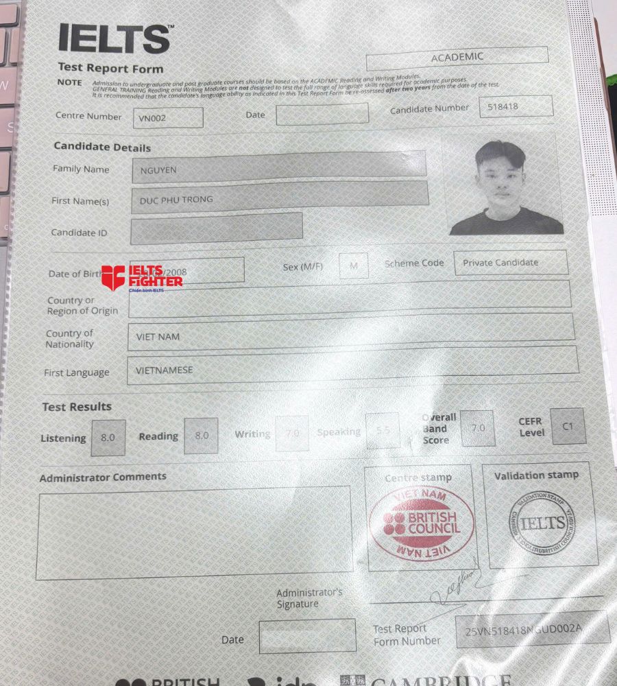 chứng chỉ Nguyễn Đức Ph&uacute; Trọng 7.0 IELTS