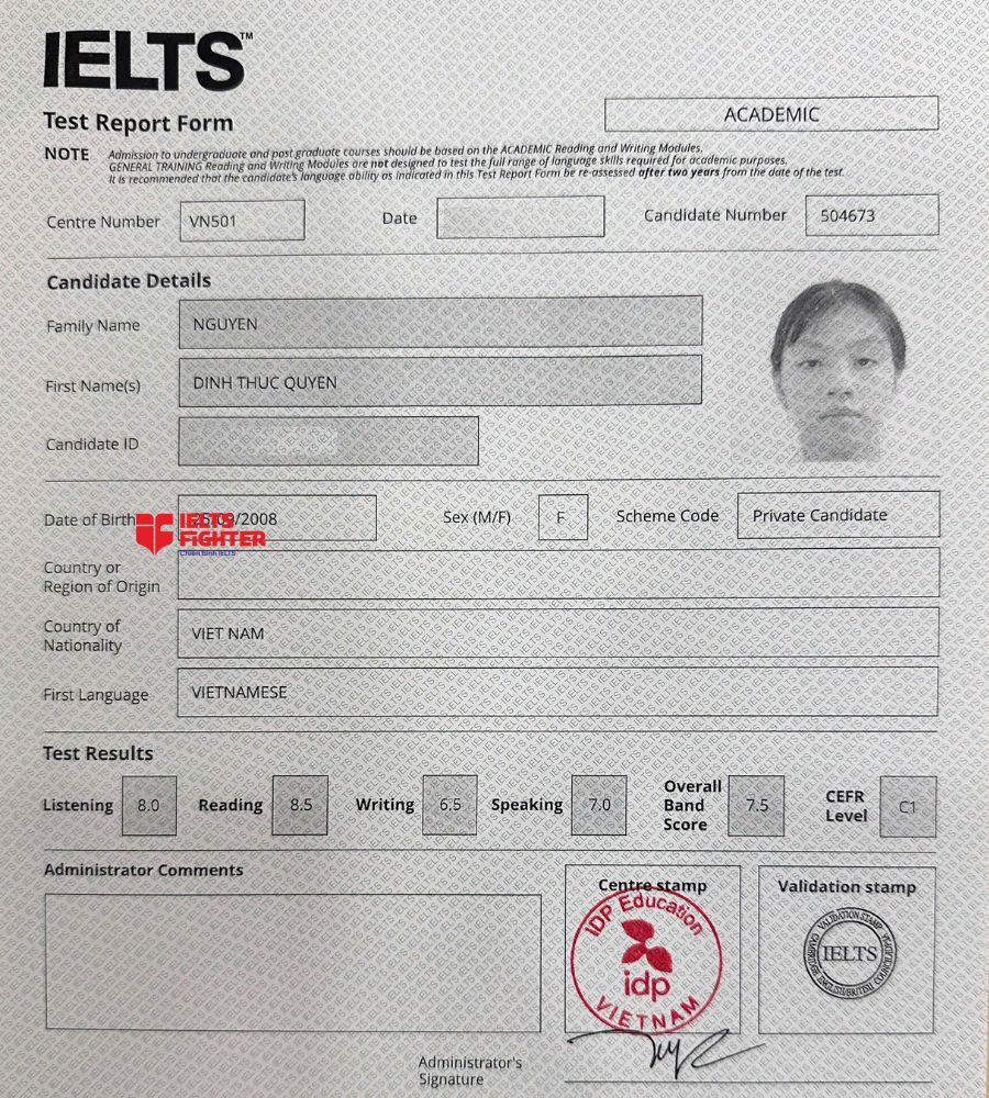 chứng chỉ Nguyễn Đinh Thục Quyên 7.5 IELTS