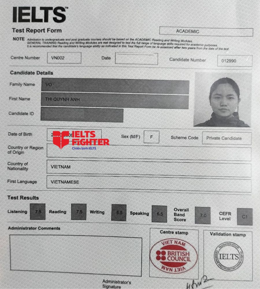bảng điểm Quỳnh Anh 7.0 IELTS