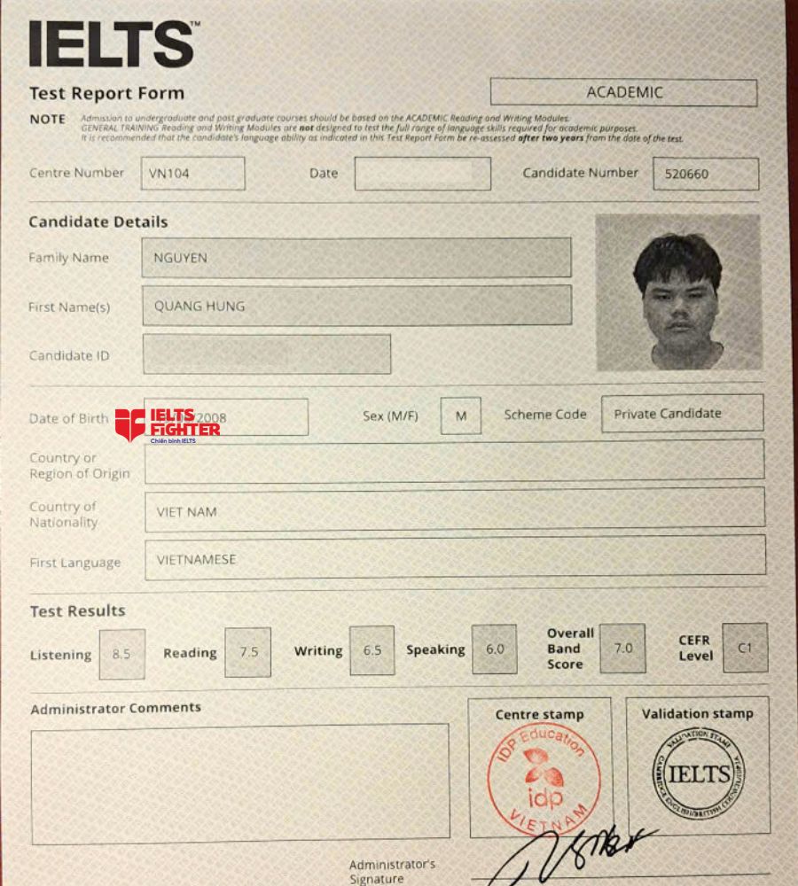 chứng chỉ Nguyễn Quang Hưng 7.0 IELTS