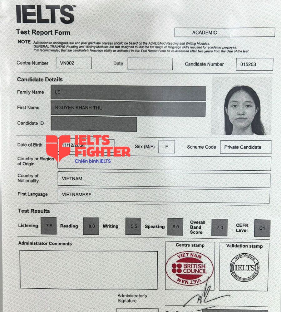 bảng điểm Kh&aacute;nh thư 7.0 IELTS