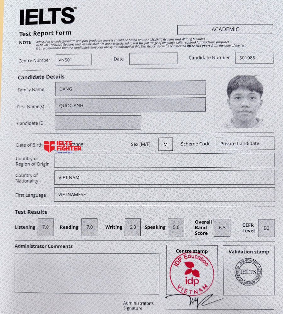 chứng chỉ Đặng Quốc Anh 6.5 IELTS