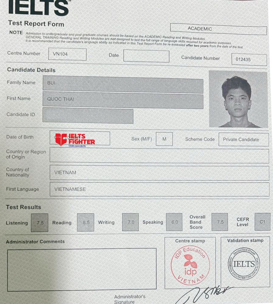 Chứng chỉ B&ugrave;i Quốc Th&aacute;i 7.5 IELTS