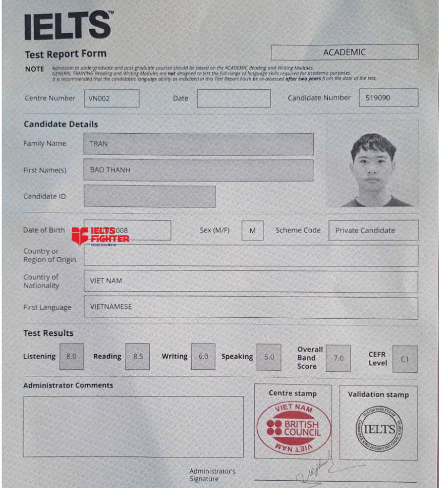 Chứng chỉ Trần Bảo Th&agrave;nh 7.0 IELTS