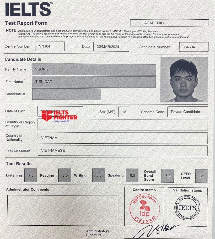 bảng điểm Vương Tiến Đạt 7.0 IELTS