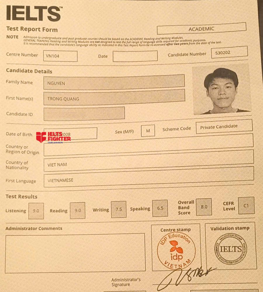 chứng chỉ Nguyễn Trọng Quang 8.0 IELTS