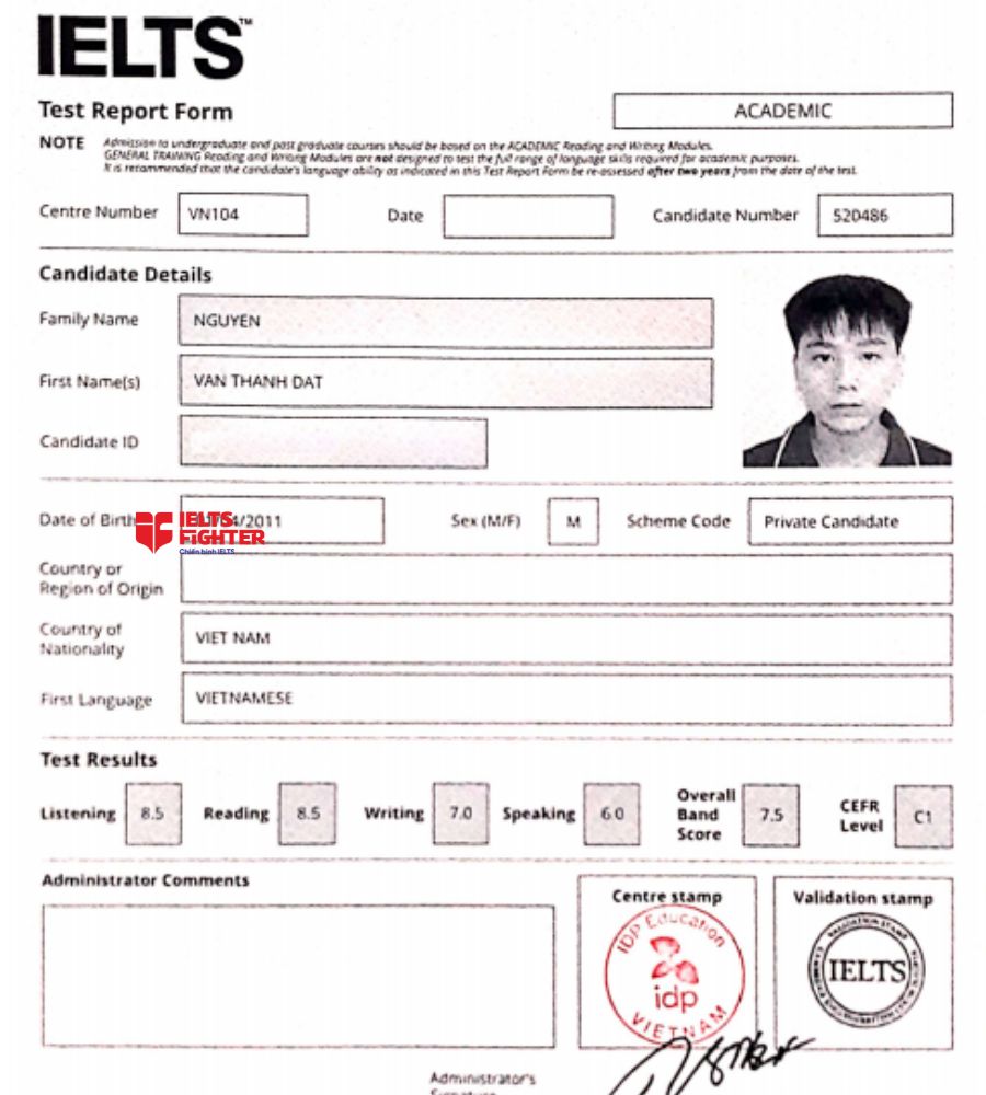 Chứng chỉ Nguyễn Văn Th&agrave;nh Đạt 7.0 IELTS