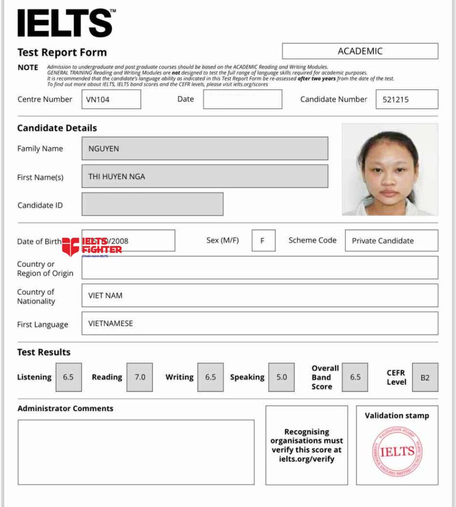 chứng chỉ Nguyễn Thị Huyền Nga 6.5 IELTS