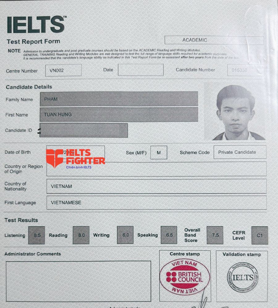 bảng điểm Phạm Tuấn H&ugrave;ng 7.0 IELTS