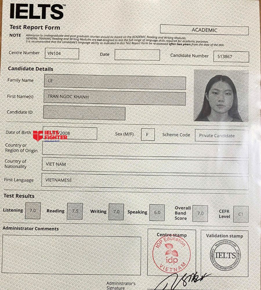 chứng chỉ L&ecirc; Trần Ngọc Kh&aacute;nh 7.0 IELTS