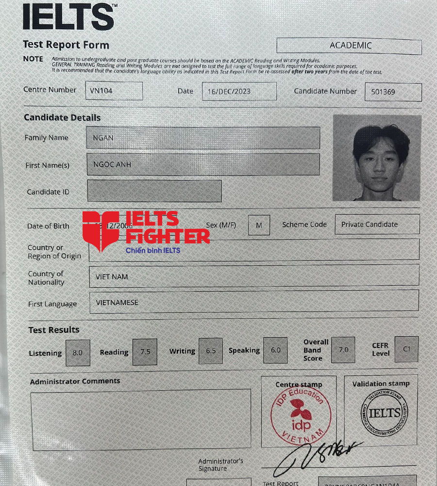 bảng điểm Ngọc Anh 7.0 IELTS