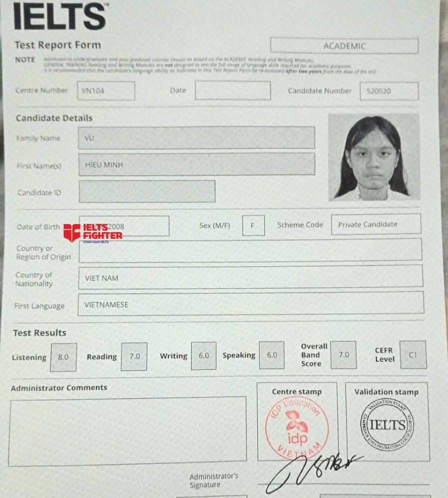 Chứng chỉ Vũ Hiểu Minh 7.0 IELTS